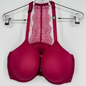 Victorias Secret Lightly Lined Racerback Lace T-Back Front Close Bra 38DDD Pink